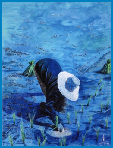 Pintura intitulada "Planteuse de riz" por Reinhard Häussler, Obras de arte originais, Acrílico