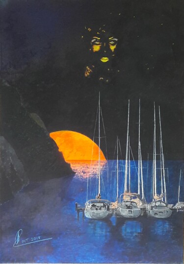 Pintura intitulada "Lune rousse halluci…" por Reinhard Häussler, Obras de arte originais, Acrílico Montado em Outro painel r…
