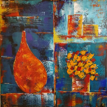 Painting titled "Le bouquet jaune" by Réjane Lechat, Original Artwork, Acrylic Mounted on Wood Stretcher frame