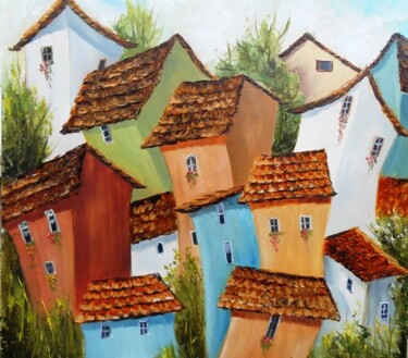 Pintura intitulada "casinhas-coloridas-…" por Rejane Pansera, Obras de arte originais