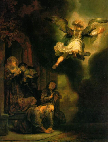 Malerei mit dem Titel "L'ange Raphaël quit…" von Rembrandt, Original-Kunstwerk, Öl