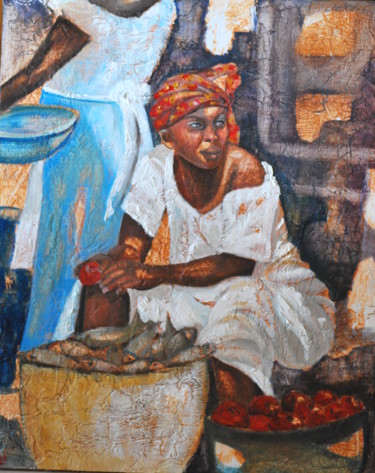 Pintura titulada "la vendedora de pes…" por Reme, Obra de arte original, Oleo Montado en Panel de madera
