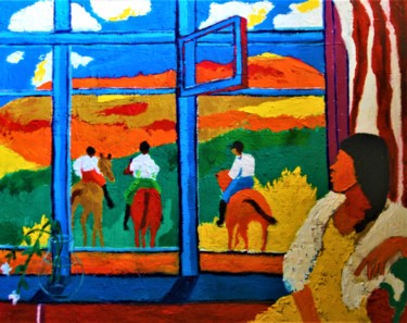 Painting titled "Ventana I" by Reme, Original Artwork, Oil Mounted on Wood Panel
