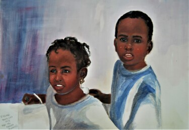 Pintura intitulada "retrato de dos niños" por Reme, Obras de arte originais, Óleo