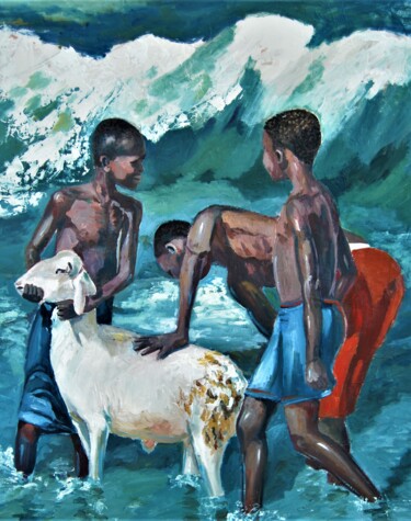 Painting titled "Lavar el cordero" by Reme, Original Artwork, Oil