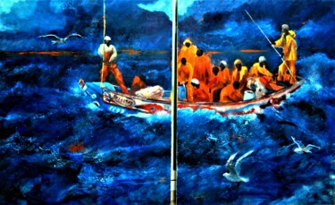 Painting titled "Los pescadores" by Reme, Original Artwork, Oil