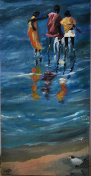 Peinture intitulée "jugando en la playa" par Reme, Œuvre d'art originale, Huile