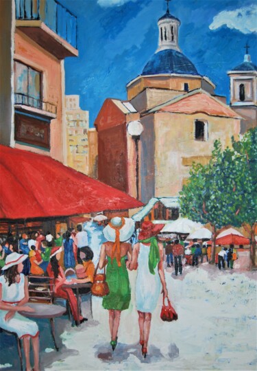 Painting titled "Paseo por plaza de…" by Reme, Original Artwork, Oil