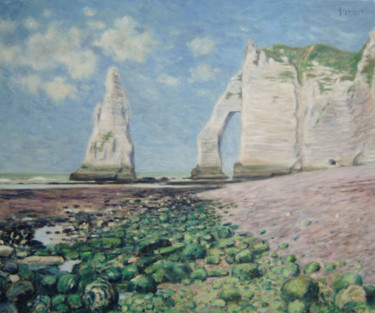 Painting titled "Etretat : l'Aiguill…" by Rémi Acquin, Original Artwork, Oil