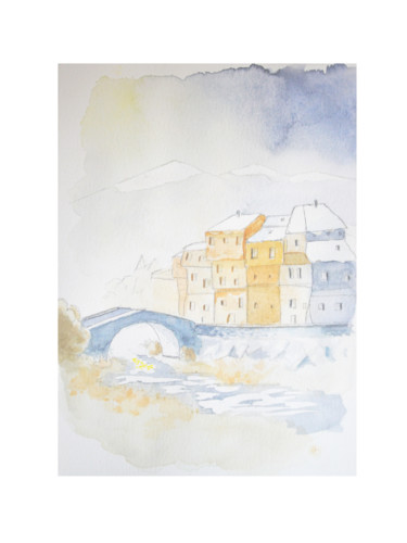 Painting titled "Toits et monts enne…" by Rémi Collin, Original Artwork, Watercolor