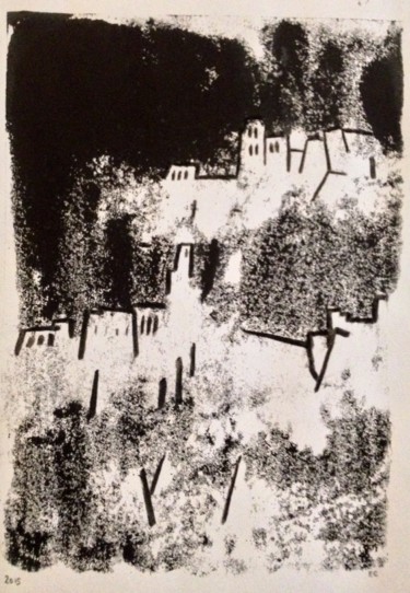 Painting titled "Village perché" by Rémi Collin, Original Artwork, Ink
