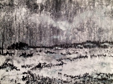 Painting titled "Lac et plaine" by Rémi Collin, Original Artwork, Gouache