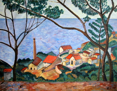「La mer à l'Estaque…」というタイトルの絵画 Rémi Demerléによって, オリジナルのアートワーク, オイル ウッドストレッチャーフレームにマウント