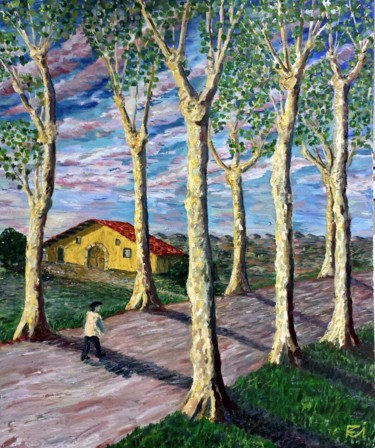 Malerei mit dem Titel "Platanes à l'aube" von Rémi Demerlé, Original-Kunstwerk, Öl