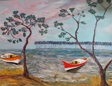 Painting titled "Pinasses du bassin…" by Rémi Demerlé, Original Artwork, Oil Mounted on Wood Stretcher frame