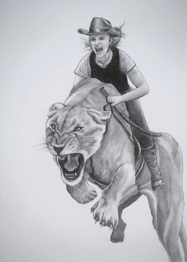 Drawing titled "Les lionnes" by Rémi Rivollier, Original Artwork, Graphite