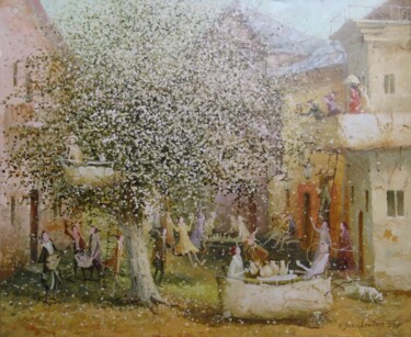 Peinture intitulée "Courtyard tree" par Remigijus Januskevicius, Œuvre d'art originale, Huile