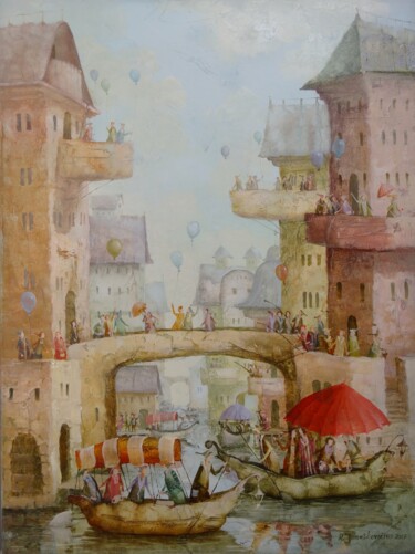 Pittura intitolato "The old bridge" da Remigijus Januskevicius, Opera d'arte originale, Olio