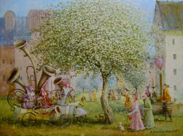 Pittura intitolato "Traveling pipers" da Remigijus Januskevicius, Opera d'arte originale, Olio