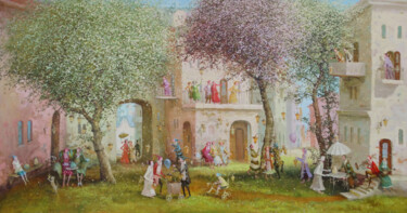 Peinture intitulée ""The yard with the…" par Remigijus Januskevicius, Œuvre d'art originale, Huile