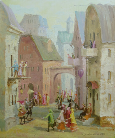 Painting titled "Street musicians" by Remigijus Januskevicius, Original Artwork, Oil