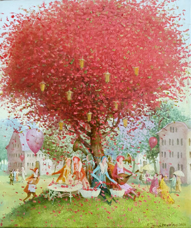 Painting titled "Red tree" by Remigijus Januskevicius, Original Artwork, Oil