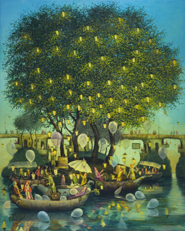 Malerei mit dem Titel "Island of the lights" von Remigijus Januskevicius, Original-Kunstwerk, Öl
