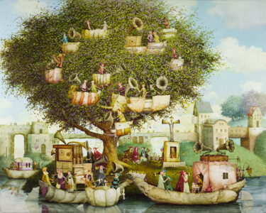 Malerei mit dem Titel "Music lovers island" von Remigijus Januskevicius, Original-Kunstwerk, Öl