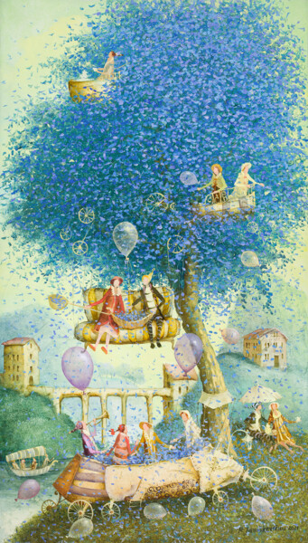 Schilderij getiteld "Blue tree" door Remigijus Januskevicius, Origineel Kunstwerk, Olie