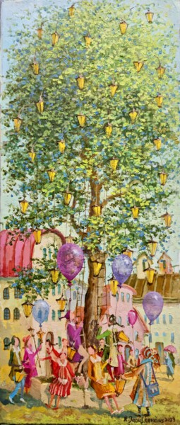 Pintura intitulada ""Lantern tree"" por Remigijus Januskevicius, Obras de arte originais, Óleo Montado em Armação em madeira