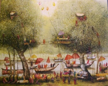 Pittura intitolato "Harbour" da Remigijus Januskevicius, Opera d'arte originale, Olio