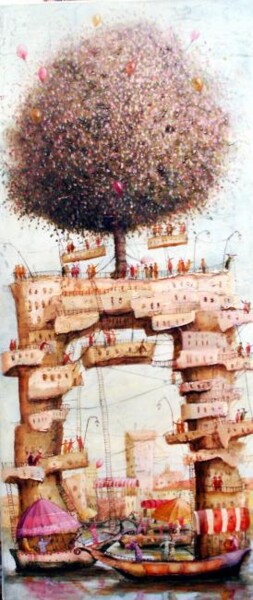 Painting titled "Tree on the Bridge" by Remigijus Januskevicius, Original Artwork, Oil