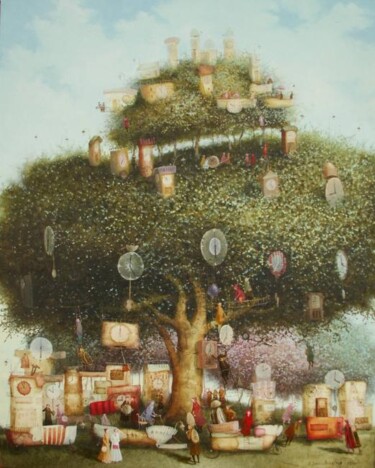 Painting titled "tree of the time" by Remigijus Januskevicius, Original Artwork, Oil
