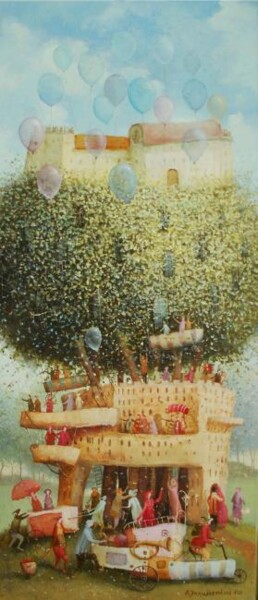 Painting titled "Growing house" by Remigijus Januskevicius, Original Artwork, Oil