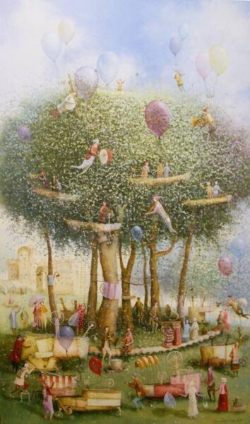 Painting titled "Flying orchestra" by Remigijus Januskevicius, Original Artwork, Oil