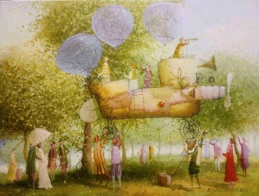 Painting titled "Airship" by Remigijus Januskevicius, Original Artwork, Oil