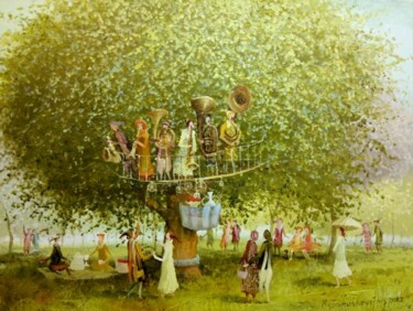 Painting titled "Brass band" by Remigijus Januskevicius, Original Artwork, Oil