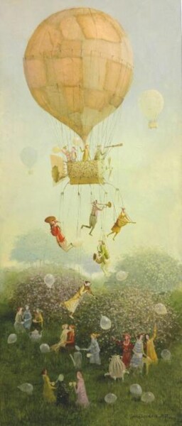 Painting titled "flying orchestra_" by Remigijus Januskevicius, Original Artwork, Oil