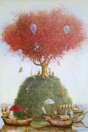 Painting titled "tree of  wishes" by Remigijus Januskevicius, Original Artwork, Oil