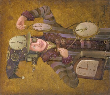 Peinture intitulée "Clock man" par Remigijus Januskevicius, Œuvre d'art originale, Huile