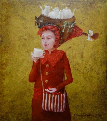 Pintura intitulada "Tea girl" por Remigijus Januskevicius, Obras de arte originais, Óleo