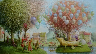 Painting titled "Traveling gardeners" by Remigijus Januskevicius, Original Artwork, Oil