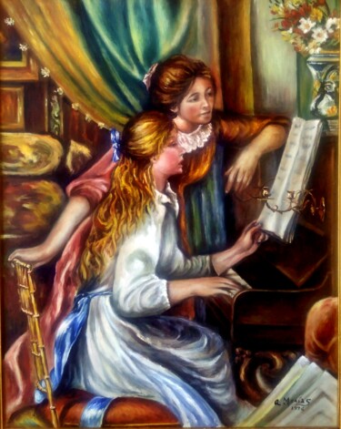 Painting titled "La clase de piano.…" by Remigio Megías García, Original Artwork, Oil