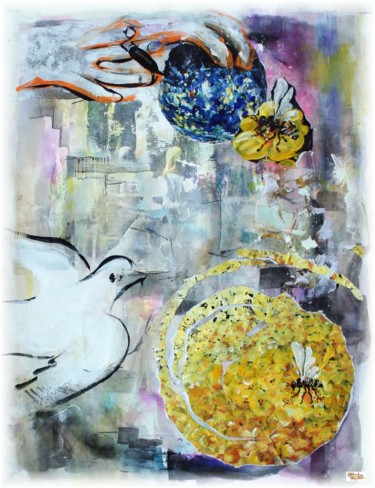 Коллажи под названием "planète fleur acryl…" - Rémy Nicolas Graphite, Подлинное произведение искусства, Декупаж