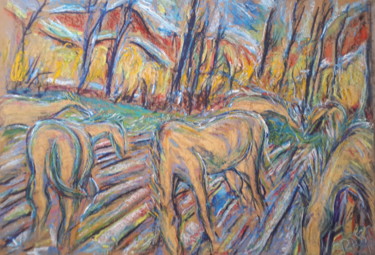Painting titled "chevaux dans la nat…" by Remy Rasse, Original Artwork, Gouache