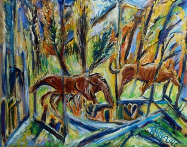 Peinture intitulée "nature et chevaux" par Remy Rasse, Œuvre d'art originale, Huile