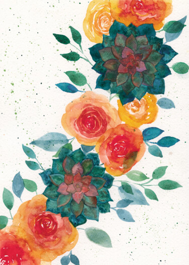 Pintura intitulada "HOUSELEEKS & ROSES" por Rena Matha, Obras de arte originais, Aquarela