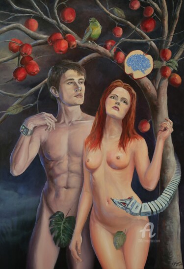 Schilderij getiteld "Adam and Eva" door Renata Drygas, Origineel Kunstwerk, Olie