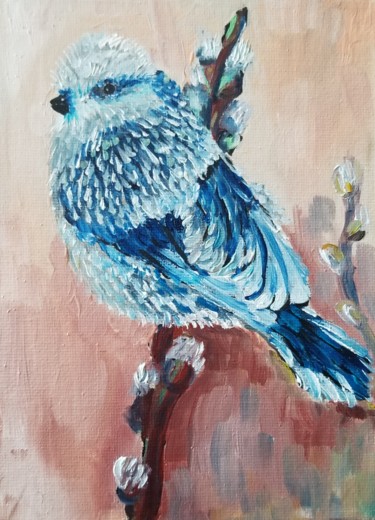 Painting titled "Little blue bird" by Renata Minko, Original Artwork, Oil