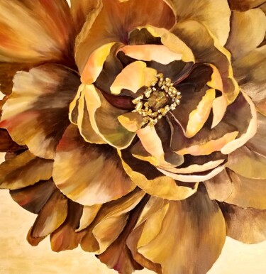 Painting titled "Gold peony" by Renata Minko, Original Artwork, Oil